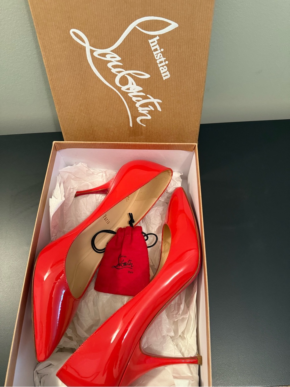 CHRISTIAN LOUBOUTIN Mandarin Red Patent Pointed-Toe Stiletto Pumps